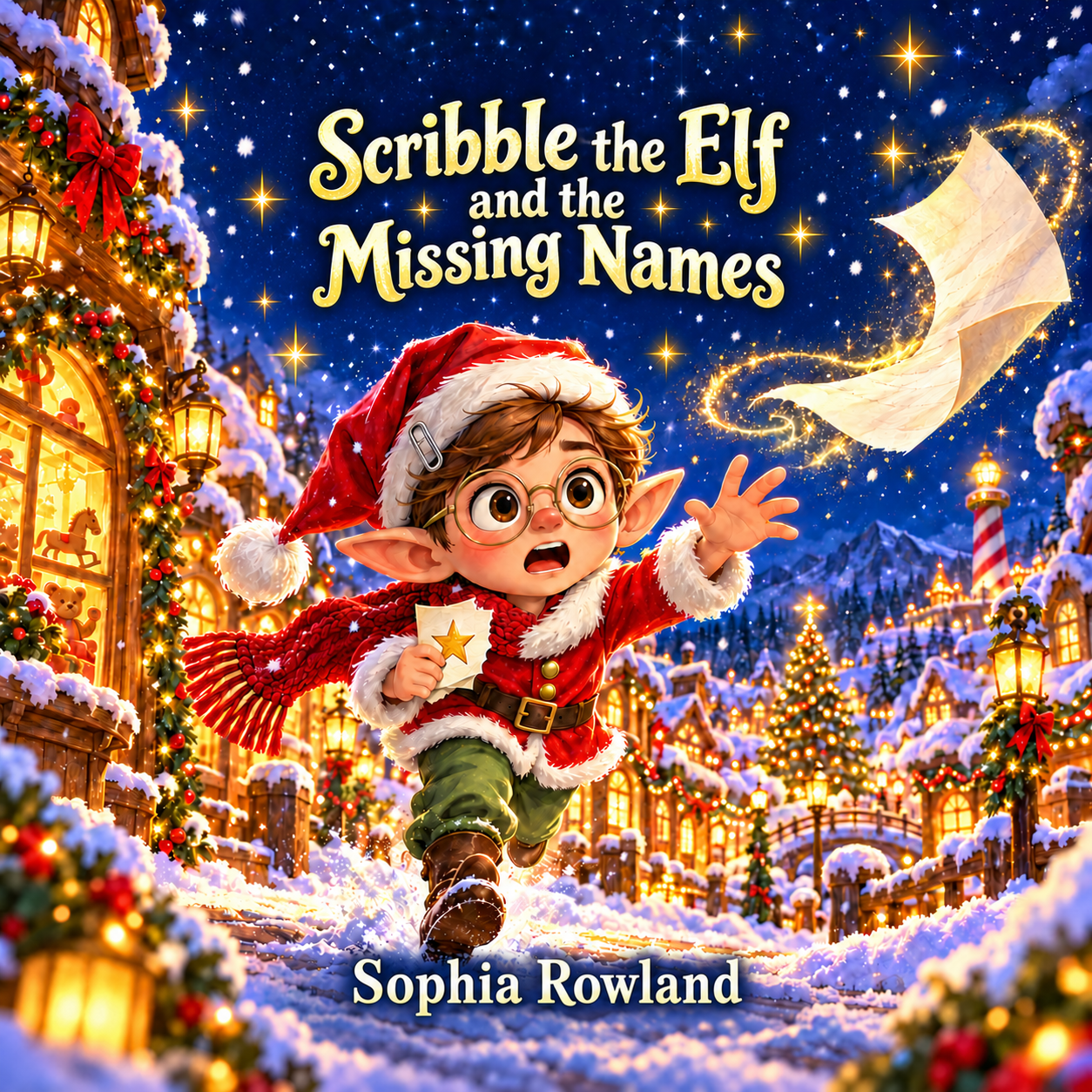 Scribble the Elf and the Missing Names by Sophia Rowland: Scribble chases a missing page through a glowing snowy Christmas village