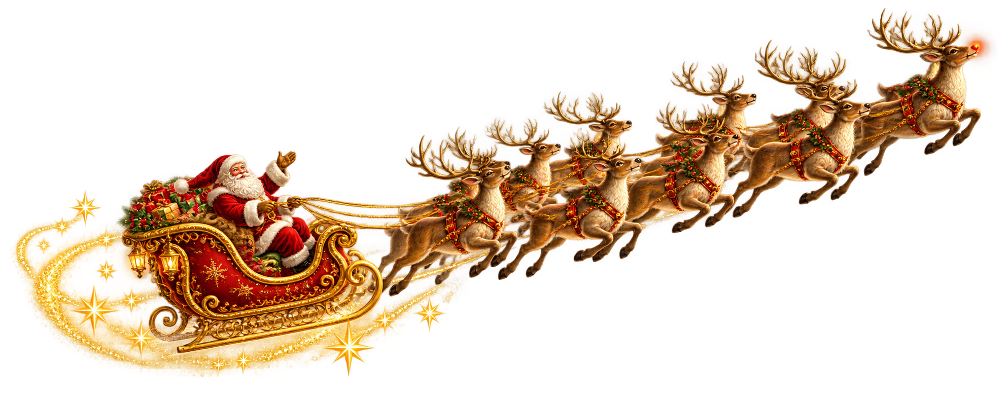 Santa’s golden sleigh and reindeer flying upwards